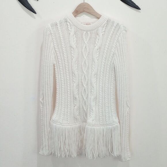 Tory Burch Ivory Valero Fringe Hem Cable Knit Merino Blend Sweater - S/P - Picture 12 of 13